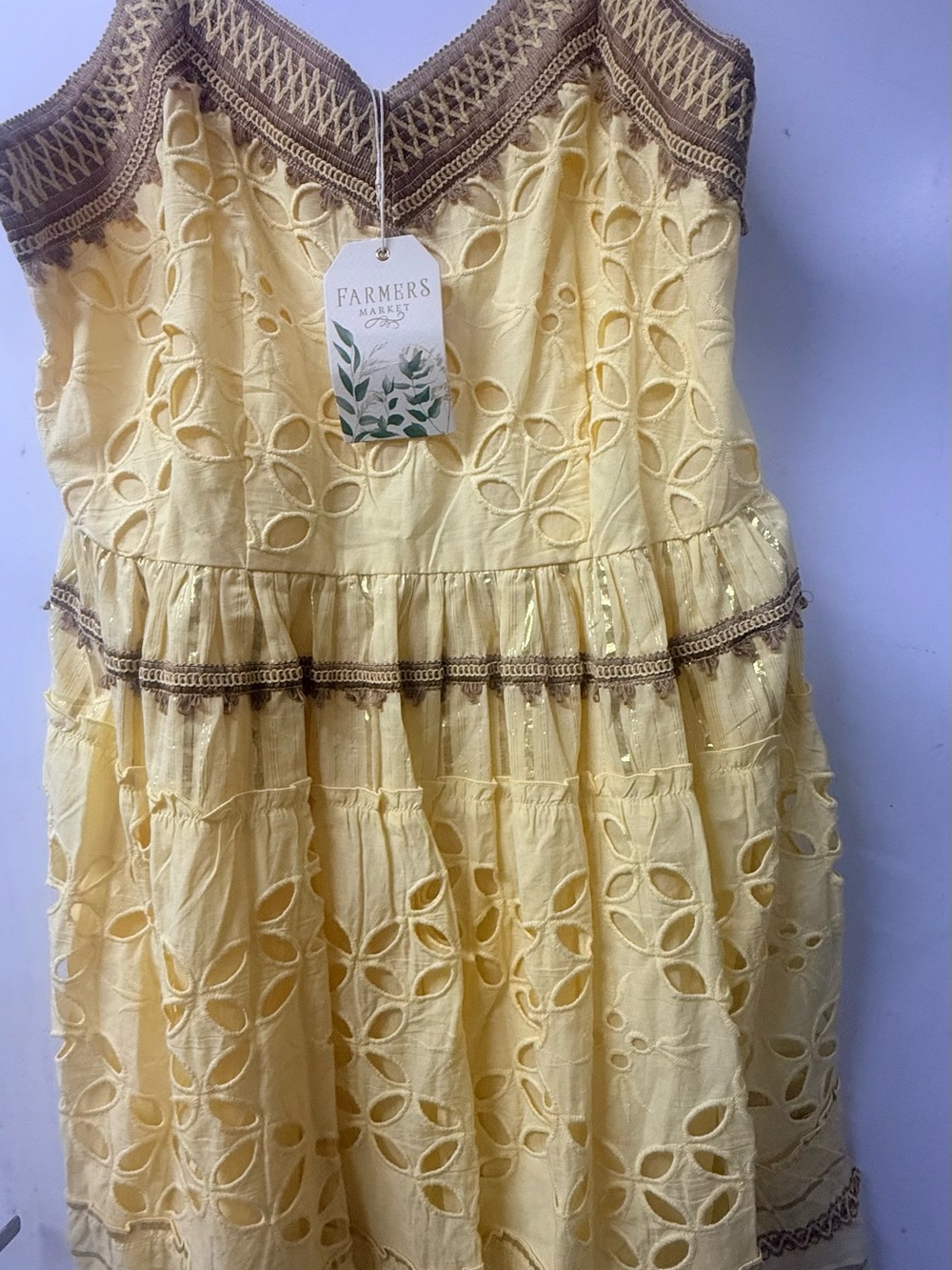 Farmer's Market Yellow Eyelet Midi Dress with Brown Trim